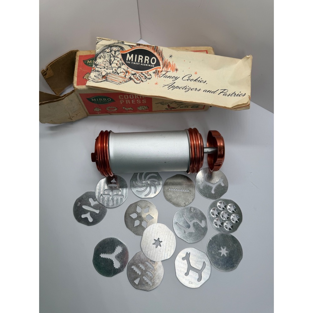Vintage Mirro Aluminum Cookie Press M-0355-56 with 12 Discs and Original Box